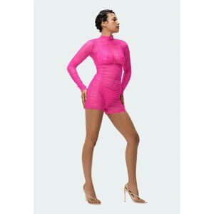 ADIDAS x IVY PARK Hot Pink Sheer Ruched Mesh Long Sleeve Romper, Size M